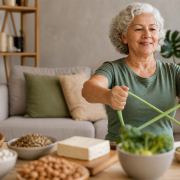 Pessoa idosa realizando exercício de resistência ao lado de alimentos vegetais ricos em proteínas