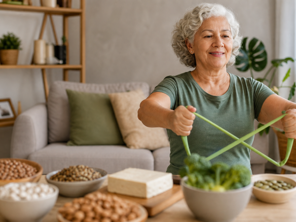 Pessoa idosa realizando exercício de resistência ao lado de alimentos vegetais ricos em proteínas