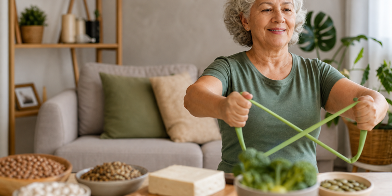 Pessoa idosa realizando exercício de resistência ao lado de alimentos vegetais ricos em proteínas