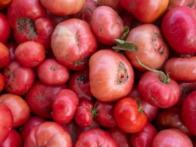 Close de tomates variados, com formas e texturas naturais, expostos em uma banca de feira.