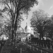 Vista em preto e branco da Basílica de Sacré-Cœur entre árvores, em Montmartre, Paris.