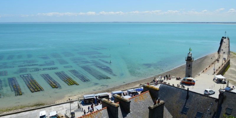 Vista aérea da costa de Cancale, na Bretanha, com viveiros de ostras, mar azul e um farol ao fundo.